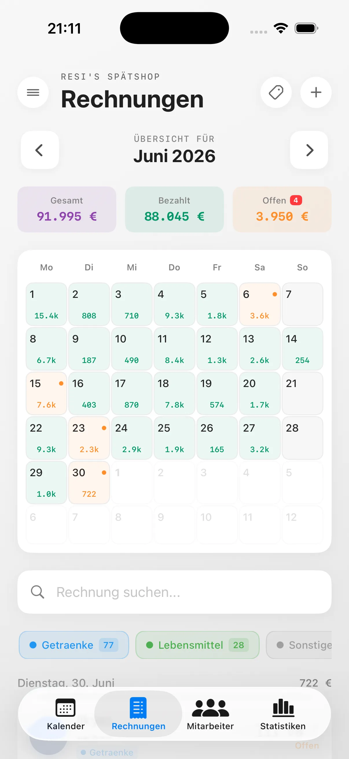 Rechnungsübersicht mit Kalender-Heatmap