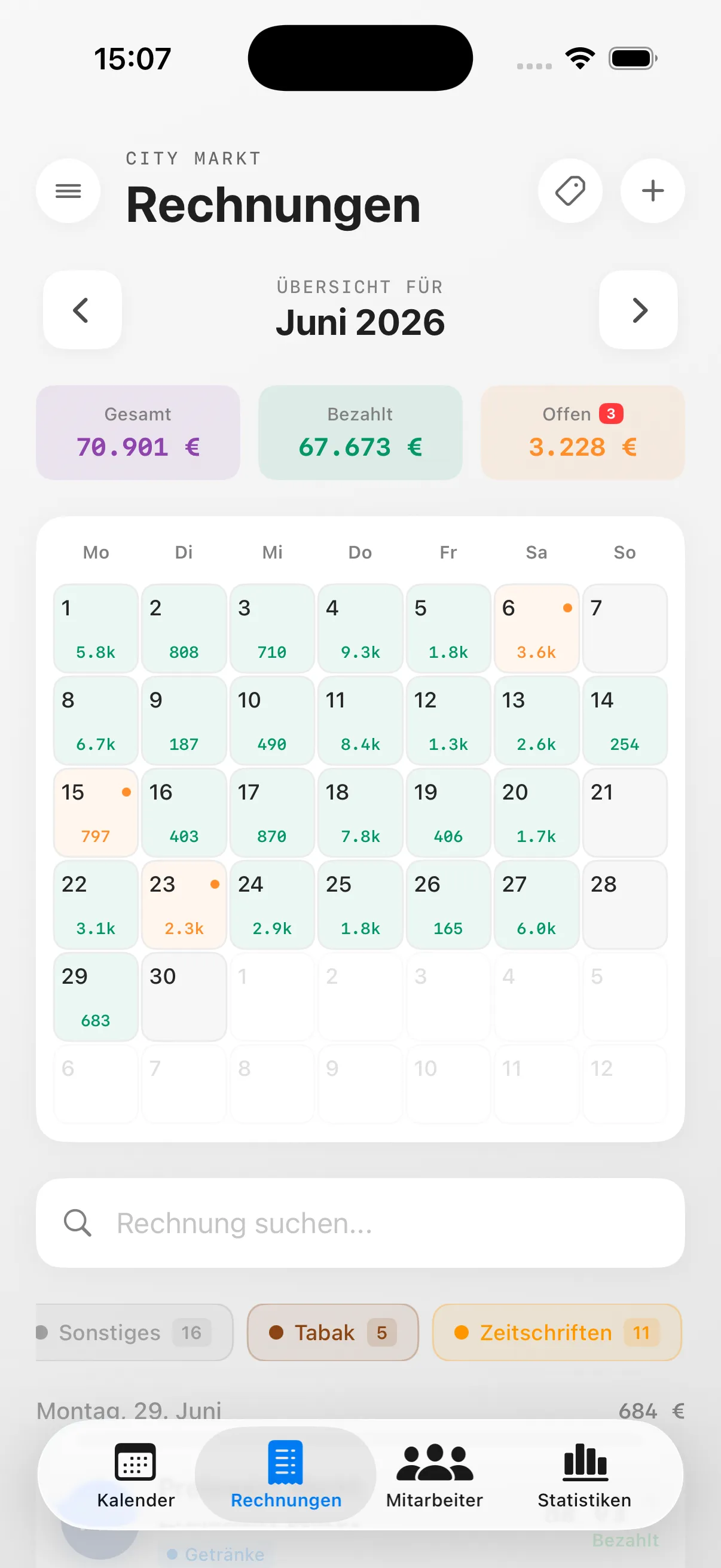 Rechnungsübersicht mit Kalender-Heatmap